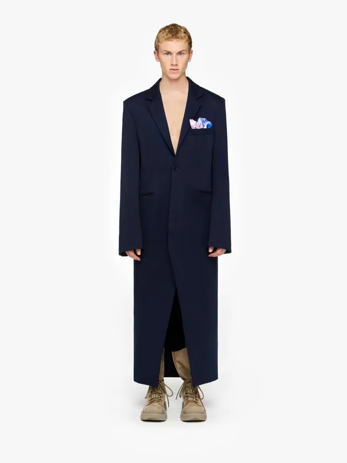 Men Coats and Jackets JW Anderson LONG COAT WITH SATIN HANDKERCHIEF Navy