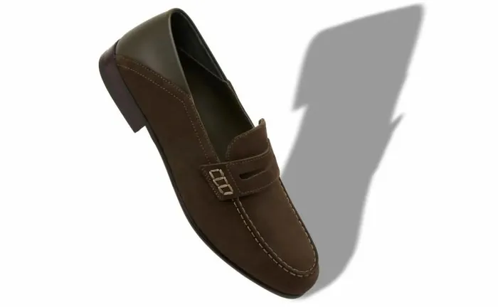 Men Dark Khaki Suede Penny Loafers Manolo Blahnik Loafers