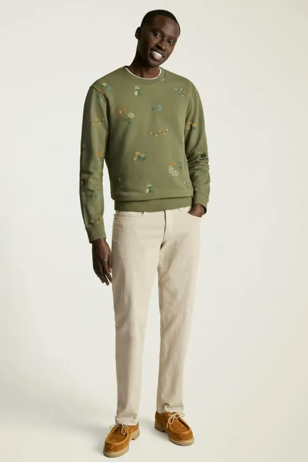 Men Embroidered French Terry Crew Green Floral Bonobos Crew and VNeck Sweaters