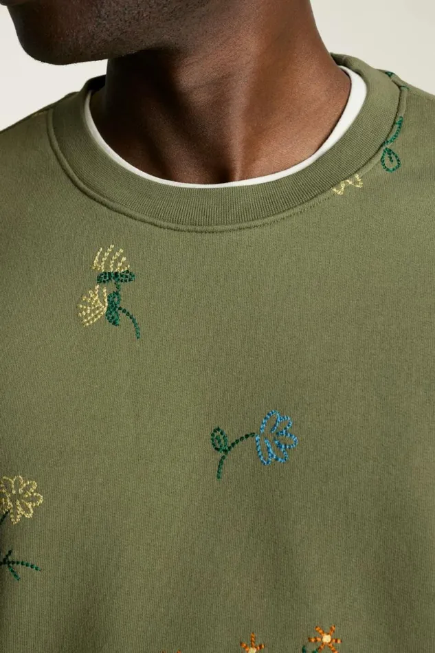 Men Embroidered French Terry Crew Green Floral Bonobos Crew and VNeck Sweaters