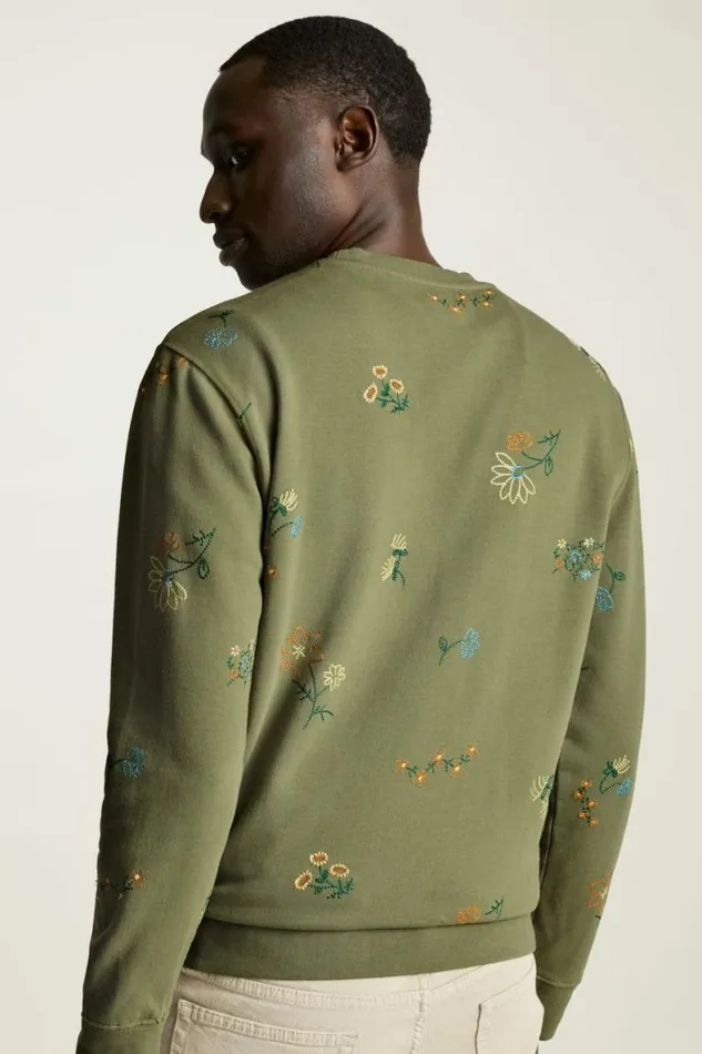 Men Embroidered French Terry Crew Green Floral Bonobos Crew and VNeck Sweaters