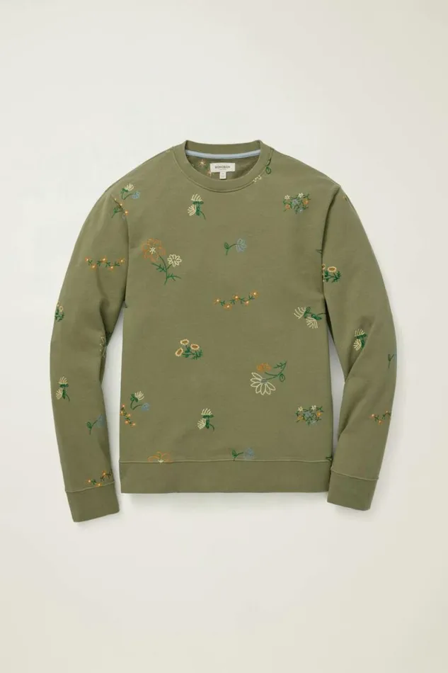 Men Embroidered French Terry Crew Green Floral Bonobos Crew and VNeck Sweaters