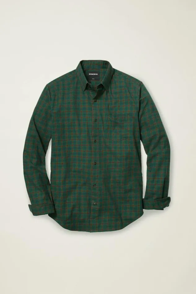Men Everyday Lightweight Flannel Shirt Green Pinto Check Bonobos Overshirts