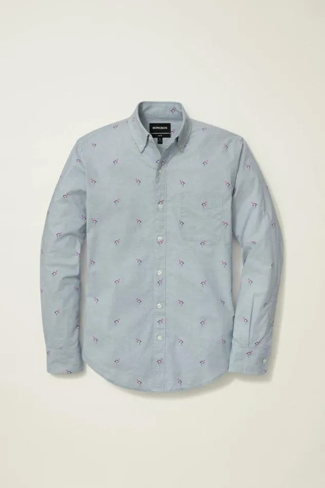 Men Everyday Shirt Navy Pink Modern Flamingos Bonobos Business Casual Shirts