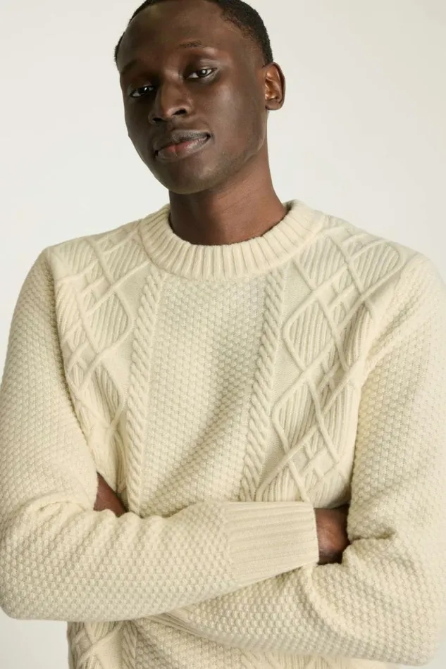 Men Extrafine Merino Cable Sweater Winter White Bonobos Crew and VNeck Sweaters