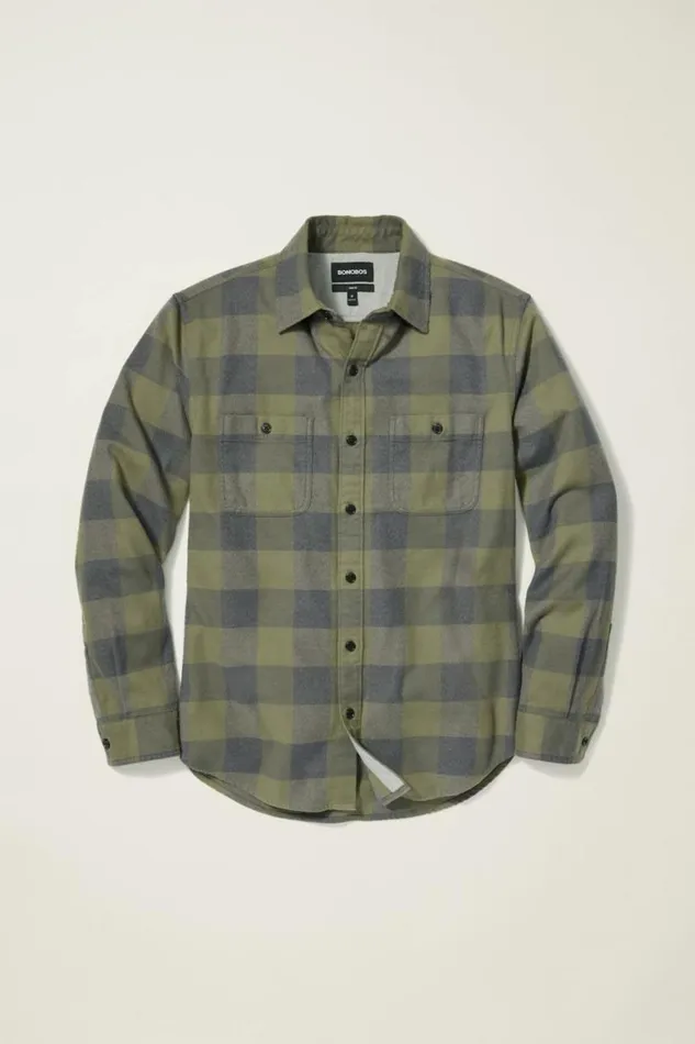 Men Fireside Flannel Shirt Olive Green Buffalo Plaid Bonobos Overshirts