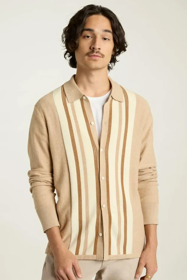 Men Hudson Long Sleeve Sweater Polo Camel Cotton Cashmere Stripe Bonobos Cardigans