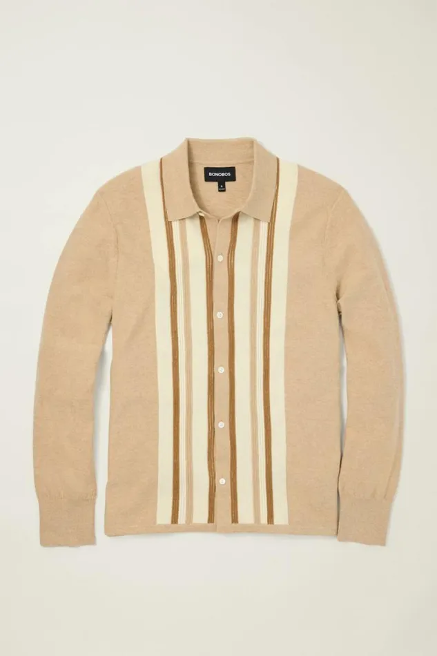 Men Hudson Long Sleeve Sweater Polo Camel Cotton Cashmere Stripe Bonobos Cardigans