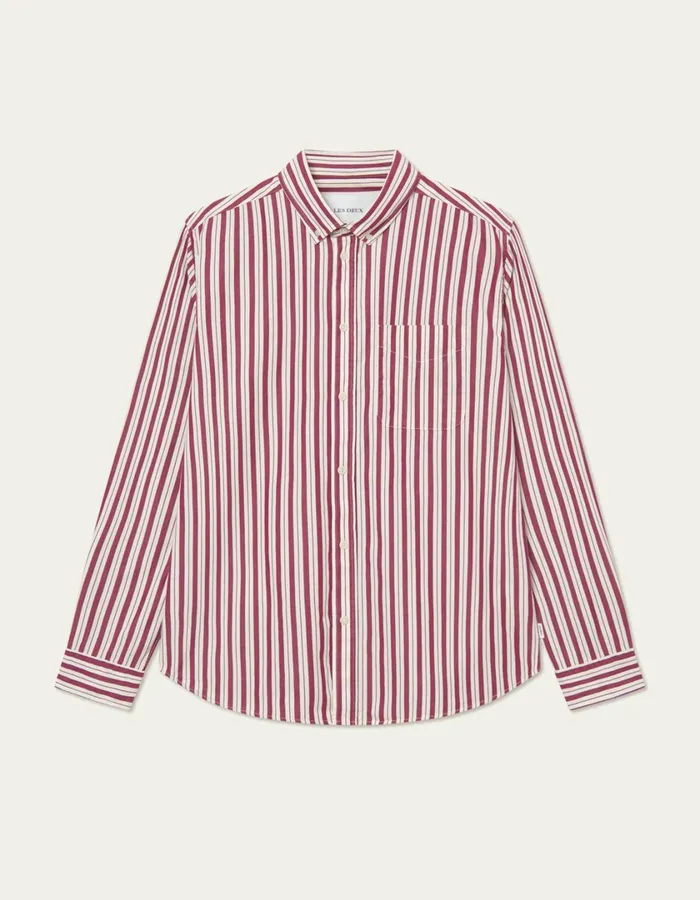 Men Kent Stripe Peached Poplin Shirt 8211 Beet RedWhite Les Deux ShirtsOvershirts Men Kent Stripe Peached Poplin Shirt 8211 Beet RedWhite Les Deux ShirtsOvershirts