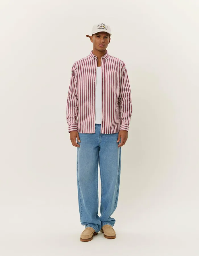 Men Kent Stripe Peached Poplin Shirt 8211 Beet RedWhite Les Deux ShirtsOvershirts