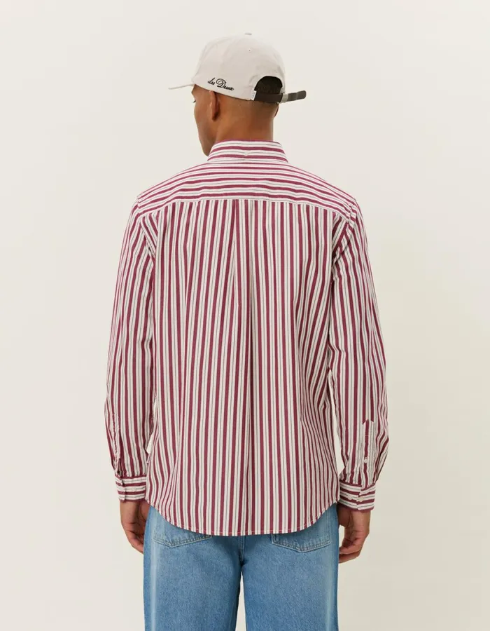 Men Kent Stripe Peached Poplin Shirt 8211 Beet RedWhite Les Deux ShirtsOvershirts