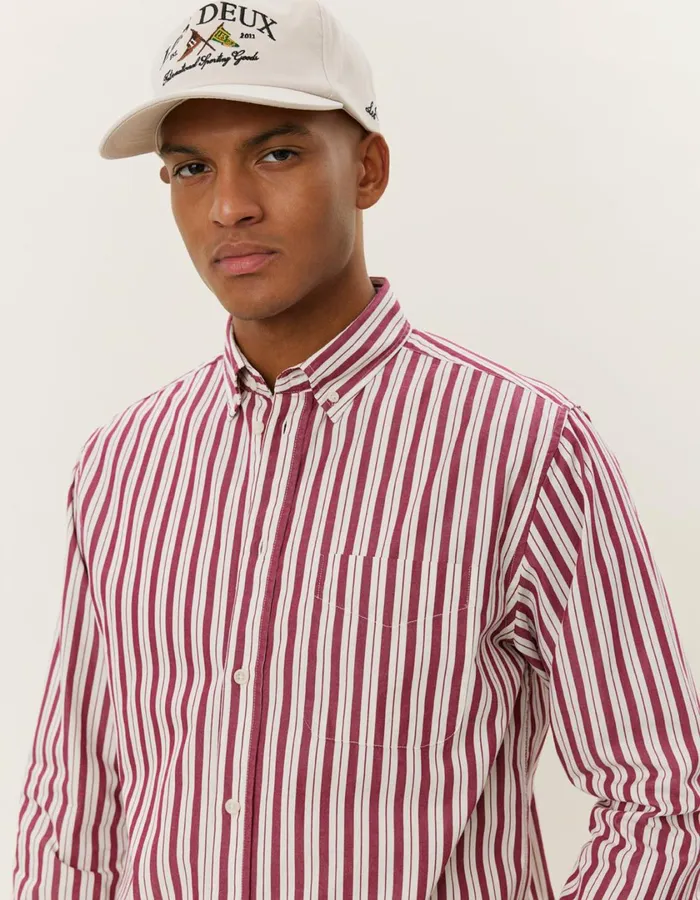 Men Kent Stripe Peached Poplin Shirt 8211 Beet RedWhite Les Deux ShirtsOvershirts