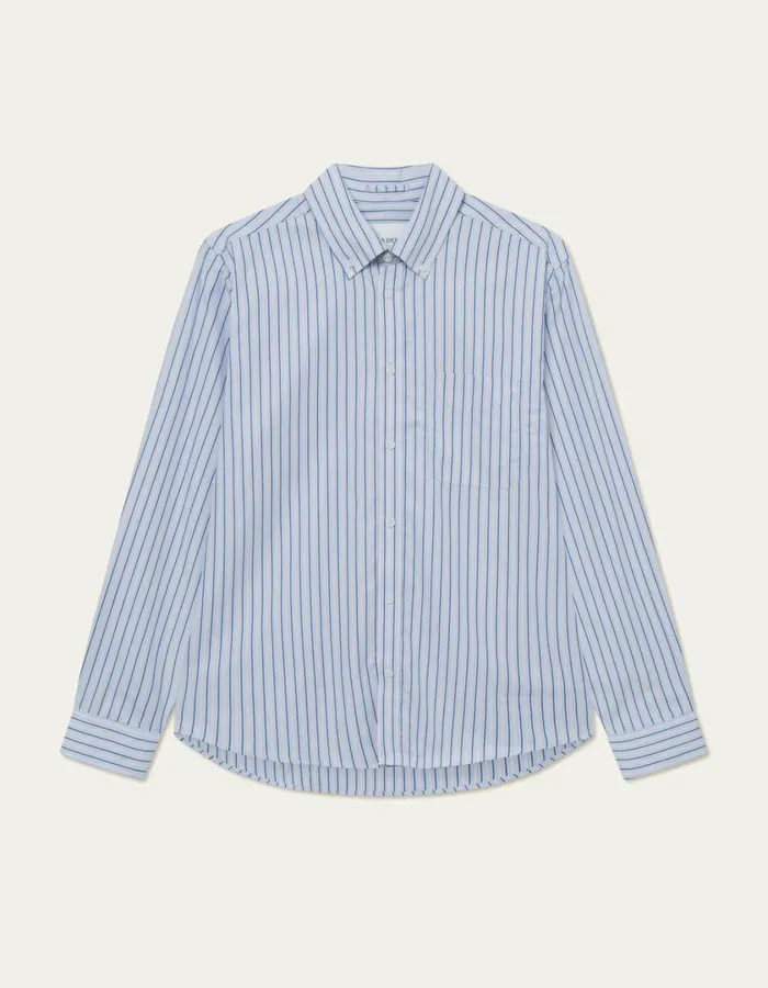 Men Kent Stripe Peached Poplin Shirt 8211 Bel Air BlueOyster Rose Les Deux ShirtsOvershirts