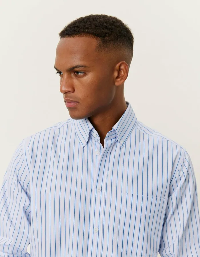 Men Kent Stripe Peached Poplin Shirt 8211 Bel Air BlueOyster Rose Les Deux ShirtsOvershirts