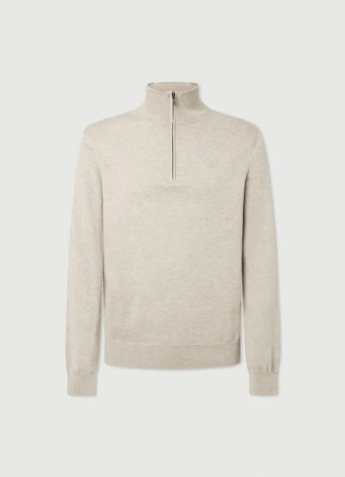 Men Knitwear Hackett London High Neck HalfZip Jumper Taupe Beige