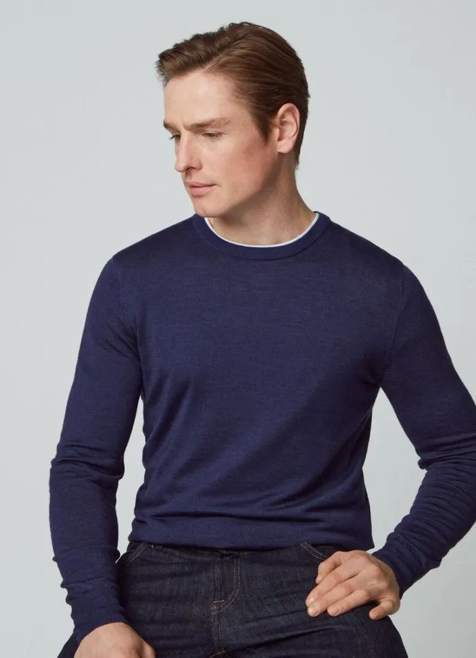 Men Knitwear Hackett London Merino Wool Crew Neck Jumper Navy
