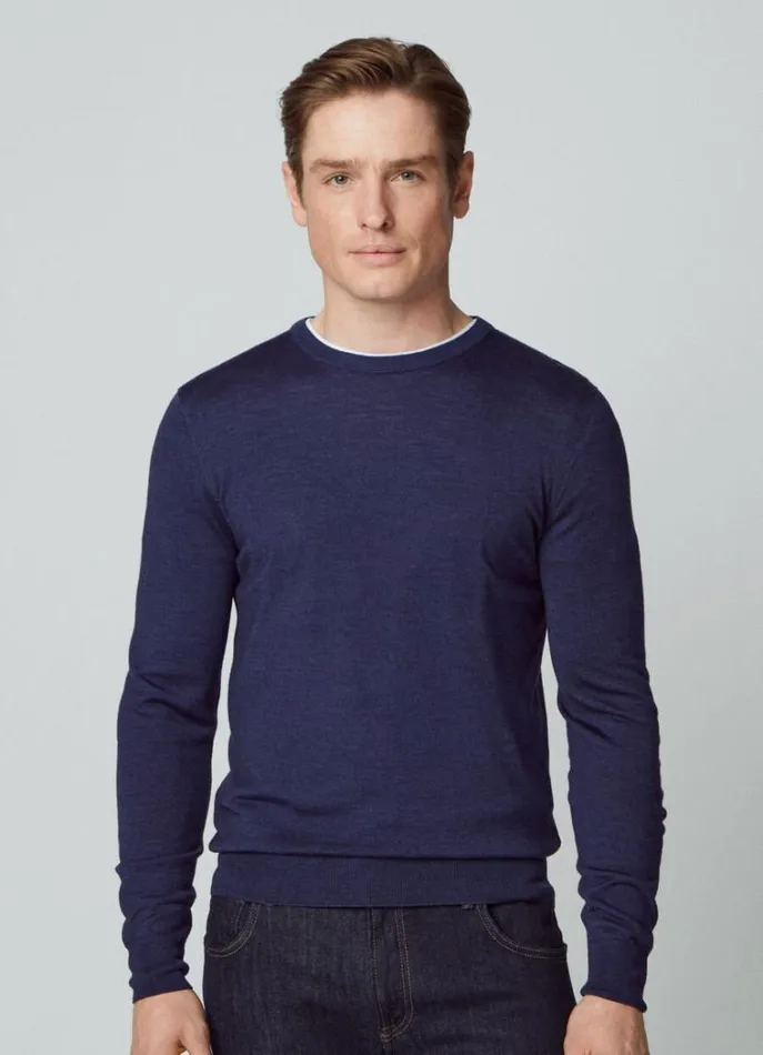 Men Knitwear Hackett London Merino Wool Crew Neck Jumper Navy