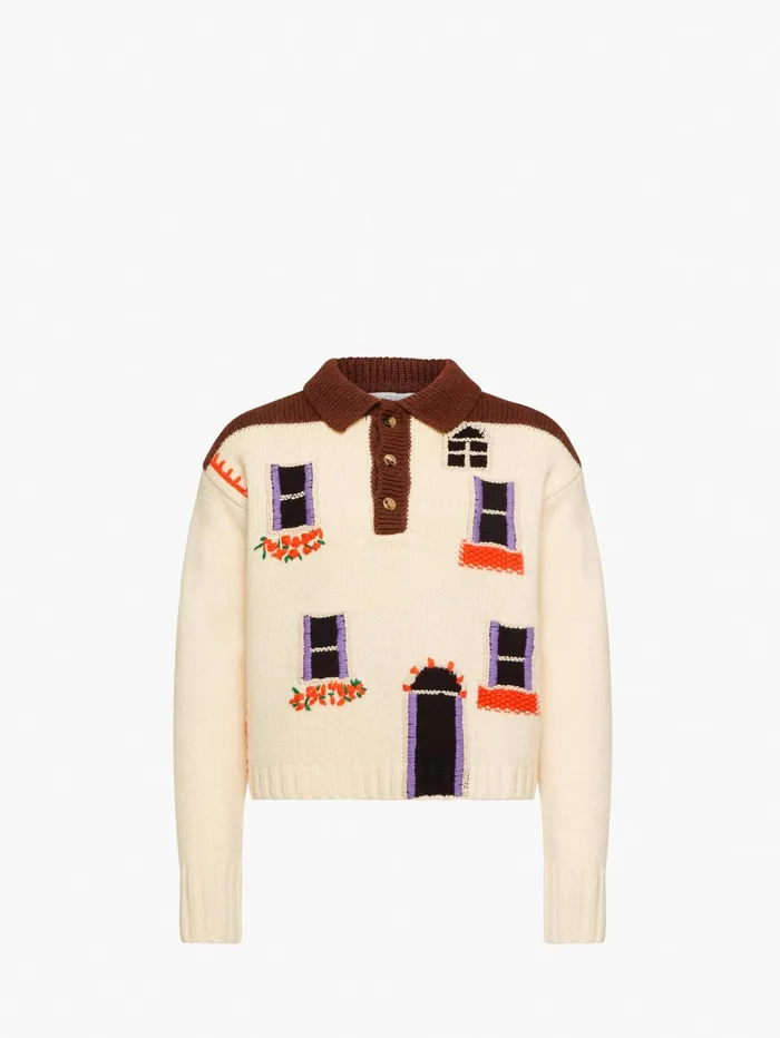 Men Knitwear JW Anderson 039HOUSE039 INTARSIA POLO SWEATER Flax