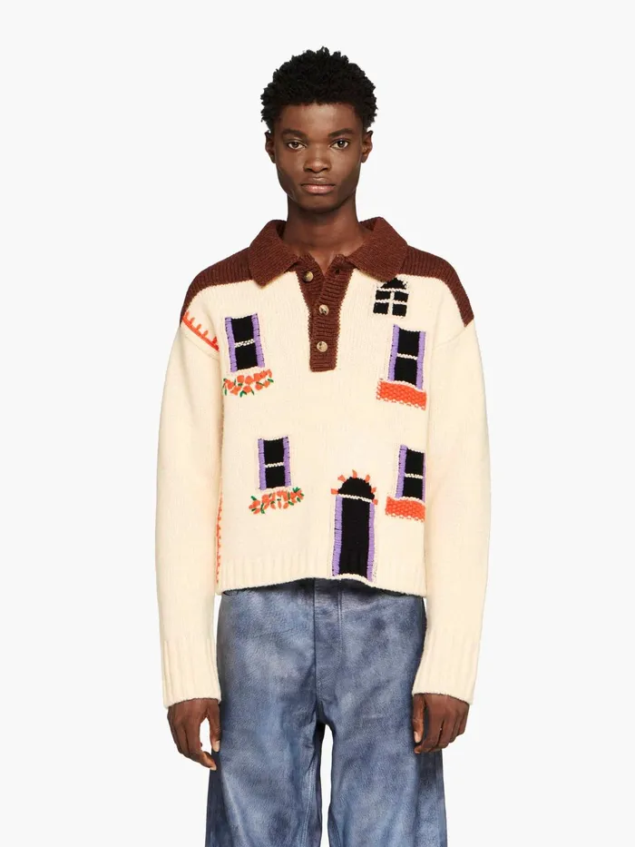 Men Knitwear JW Anderson 039HOUSE039 INTARSIA POLO SWEATER Flax Men Knitwear JW Anderson 039HOUSE039 INTARSIA POLO SWEATER Flax