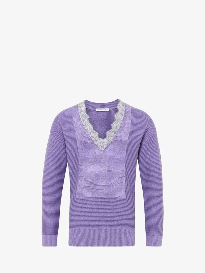 Men Knitwear JW Anderson VNECK LACE TRIM SWEATER Lavender