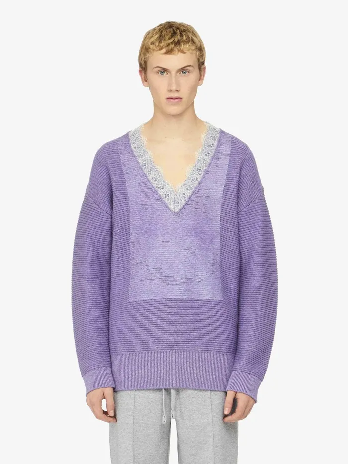 Men Knitwear JW Anderson VNECK LACE TRIM SWEATER Lavender Men Knitwear JW Anderson VNECK LACE TRIM SWEATER Lavender
