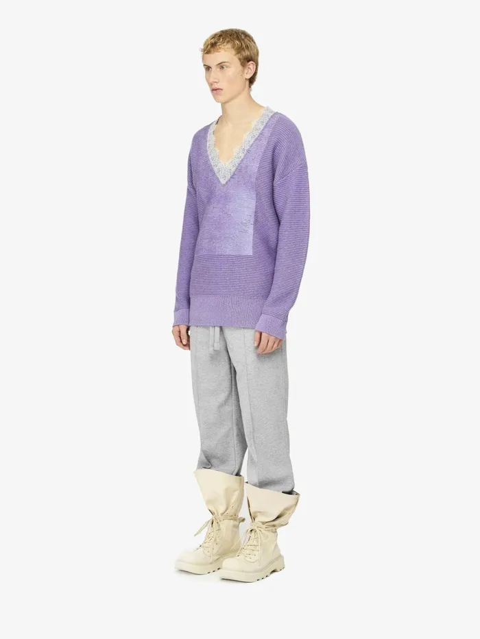Men Knitwear JW Anderson VNECK LACE TRIM SWEATER Lavender Men Knitwear JW Anderson VNECK LACE TRIM SWEATER Lavender