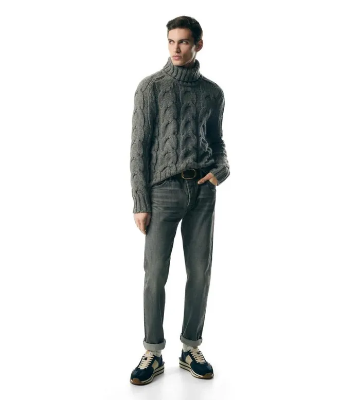 Men Knitwear Tom Ford Baby Yak Cable Knit Roll Neck Grey Melange Men Knitwear Tom Ford Baby Yak Cable Knit Roll Neck Grey Melange