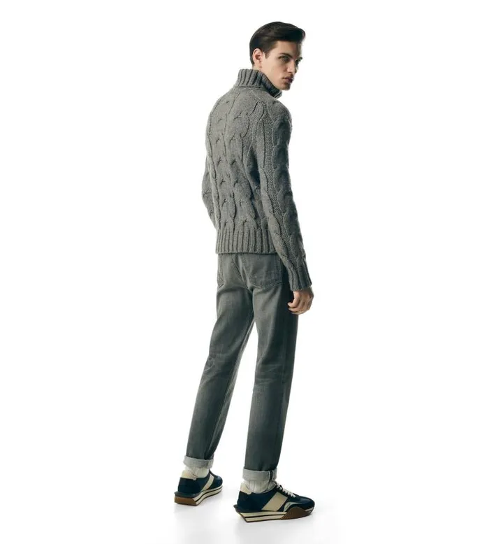 Men Knitwear Tom Ford Baby Yak Cable Knit Roll Neck Grey Melange Men Knitwear Tom Ford Baby Yak Cable Knit Roll Neck Grey Melange