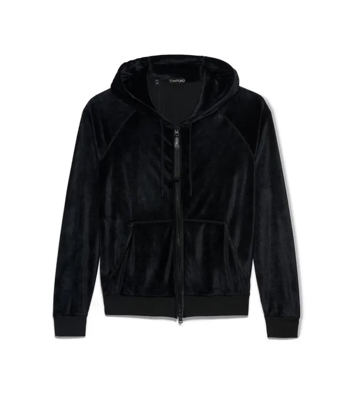 Men Knitwear Tom Ford Fluid Modal Velour Hood Zip Through Black