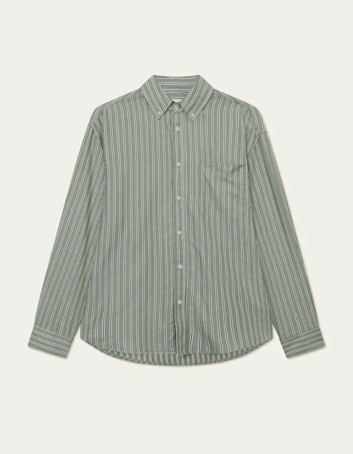 Men Kolton Herringbone Poplin Shirt 8211 WhiteChive Green Les Deux ShirtsOvershirts