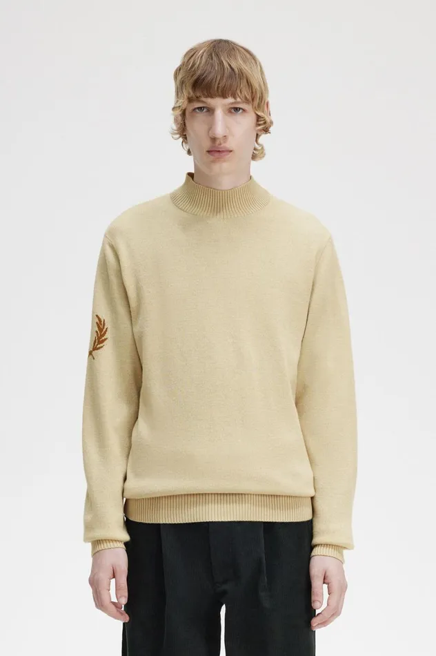 Men Laurel Wreath Mock Neck Jumper Oatmeal Fred Perry Knitwear