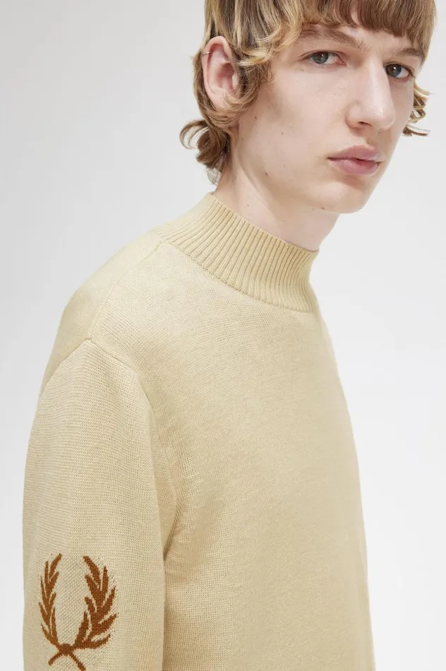 Men Laurel Wreath Mock Neck Jumper Oatmeal Fred Perry Knitwear