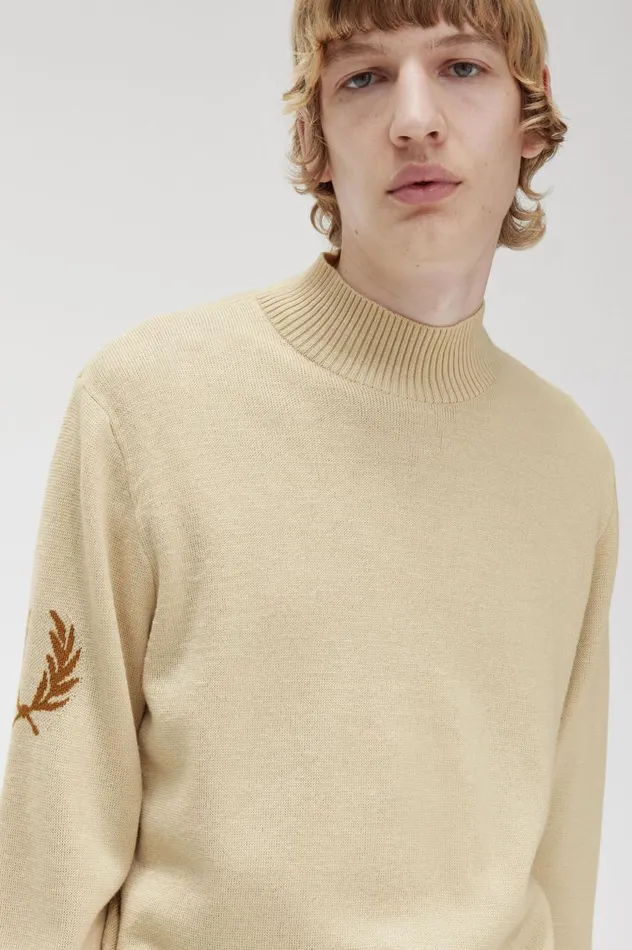 Men Laurel Wreath Mock Neck Jumper Oatmeal Fred Perry Knitwear