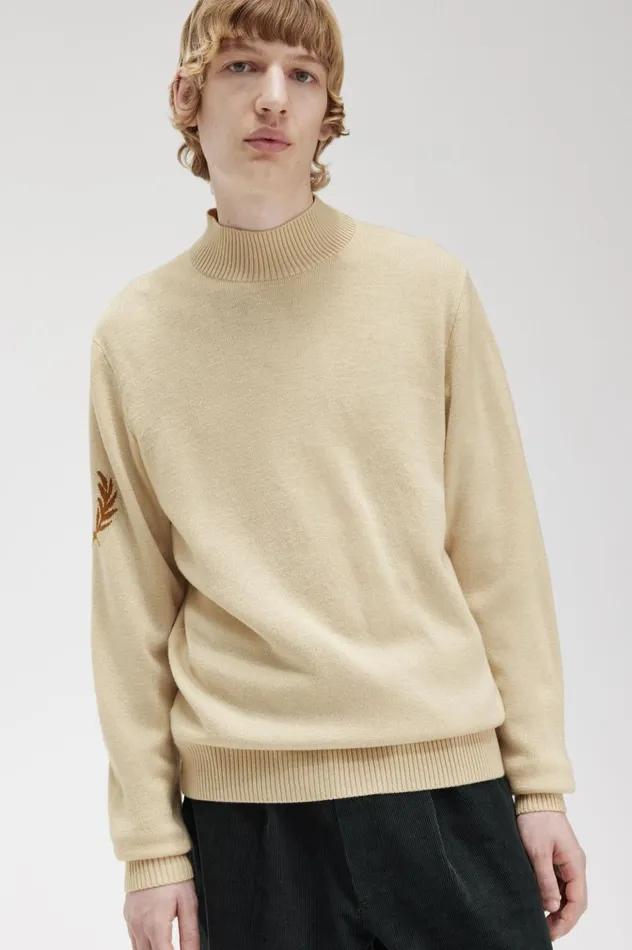 Men Laurel Wreath Mock Neck Jumper Oatmeal Fred Perry Knitwear