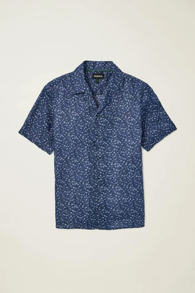 Men Linen Riviera Cabana Shirt Midnight Floral Bonobos Short Sleeve Shirts