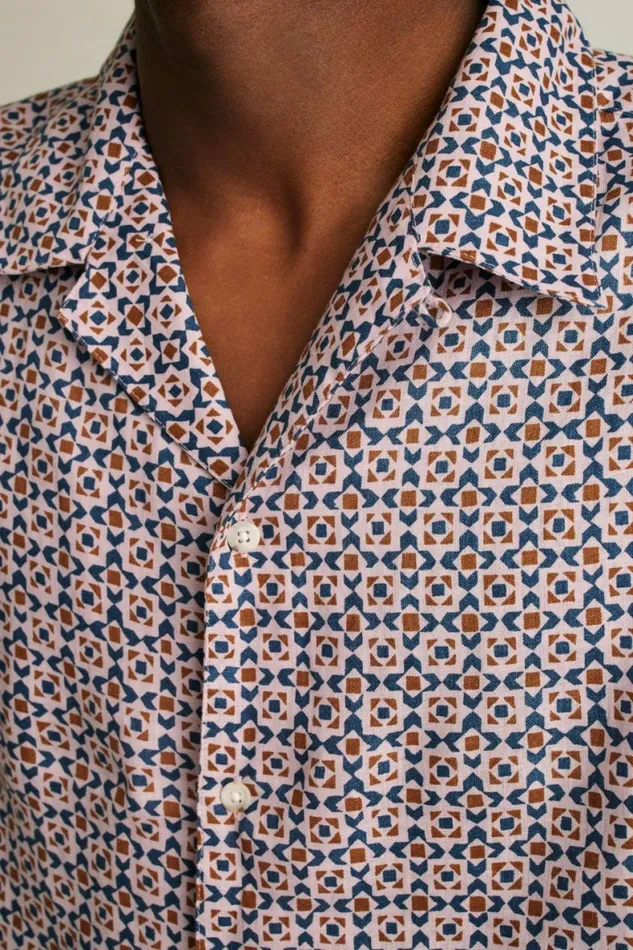 Men Linen Riviera Cabana Shirt Navy Pink Prism Geo Bonobos Short Sleeve Shirts