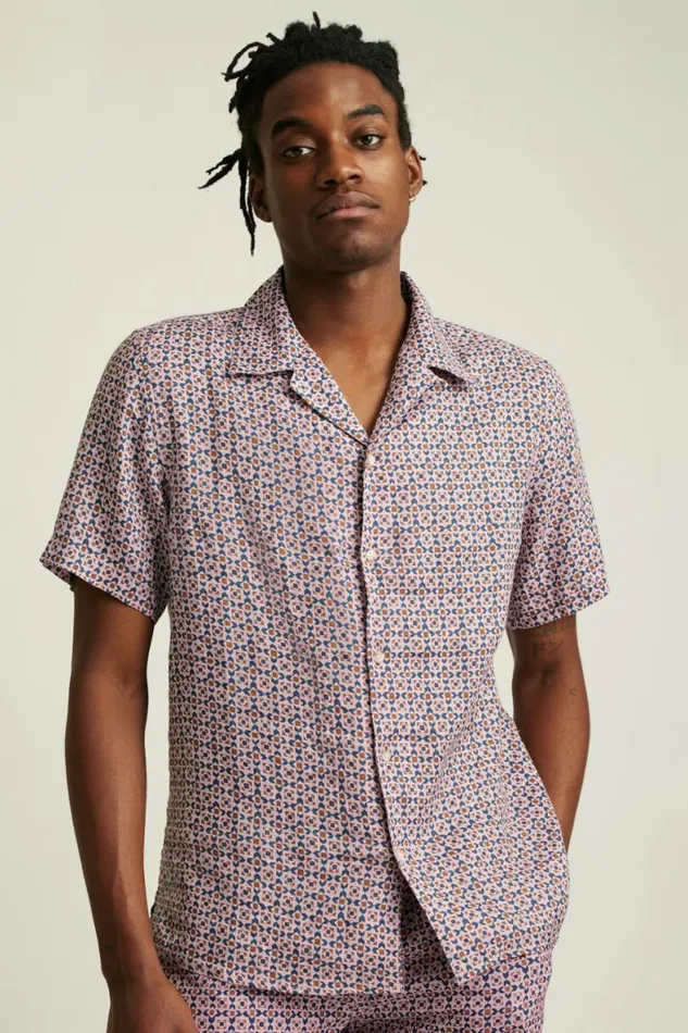 Men Linen Riviera Cabana Shirt Navy Pink Prism Geo Bonobos Short Sleeve Shirts