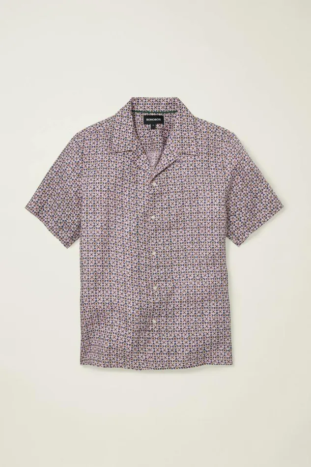 Men Linen Riviera Cabana Shirt Navy Pink Prism Geo Bonobos Short Sleeve Shirts