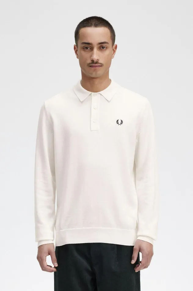 Men Long Sleeve Knitted Shirt Ecru Fred Perry Knitwear