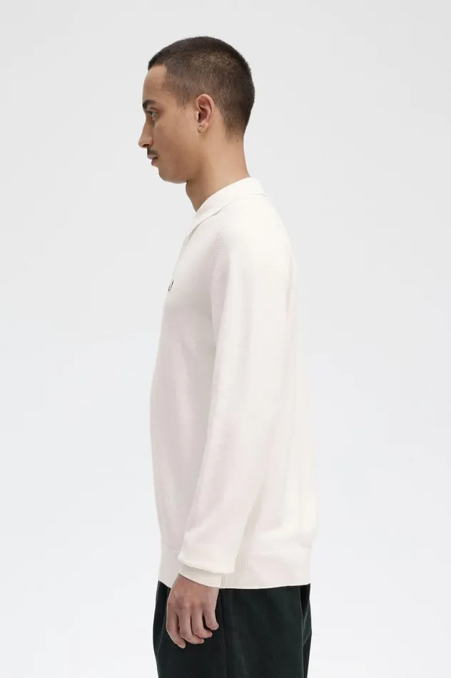 Men Long Sleeve Knitted Shirt Ecru Fred Perry Knitwear