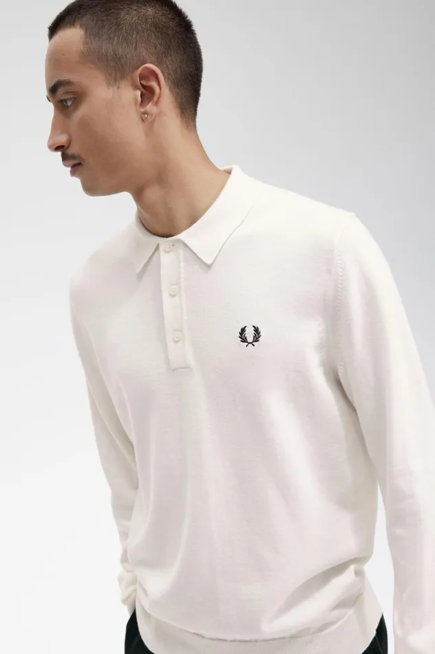 Men Long Sleeve Knitted Shirt Ecru Fred Perry Knitwear
