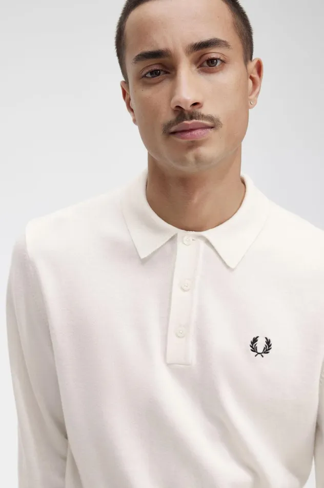 Men Long Sleeve Knitted Shirt Ecru Fred Perry Knitwear