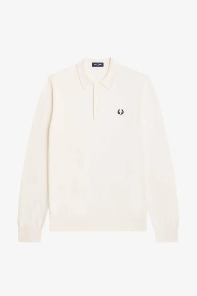 Men Long Sleeve Knitted Shirt Ecru Fred Perry Knitwear