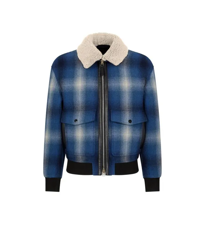 Men Outerwear Tom Ford Check Plaid Shearling Collar Blouson Combo Blue