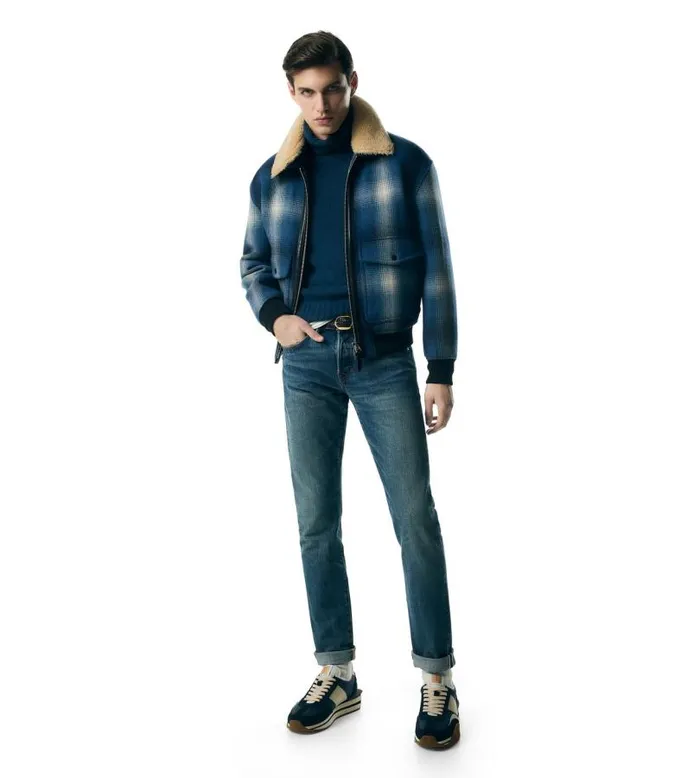 Men Outerwear Tom Ford Check Plaid Shearling Collar Blouson Combo Blue Men Outerwear Tom Ford Check Plaid Shearling Collar Blouson Combo Blue