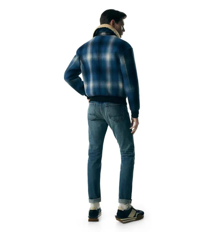 Men Outerwear Tom Ford Check Plaid Shearling Collar Blouson Combo Blue Men Outerwear Tom Ford Check Plaid Shearling Collar Blouson Combo Blue