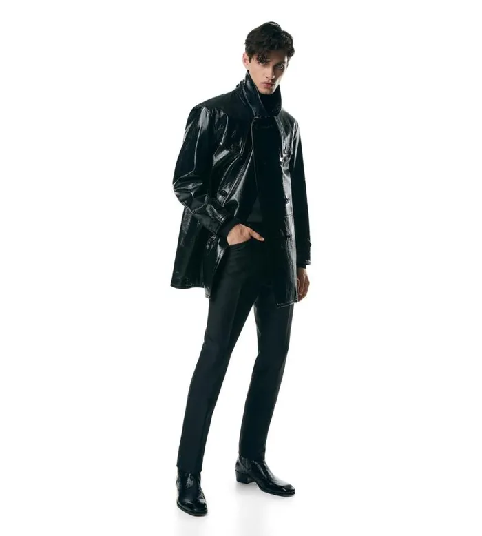 Men Outerwear Tom Ford Shiny Crackled Leather Short Trench Black Men Outerwear Tom Ford Shiny Crackled Leather Short Trench Black