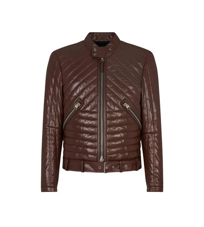 Men Outerwear Tom Ford Shiny Nappa Channel Quilt Caf Biker Cognac
