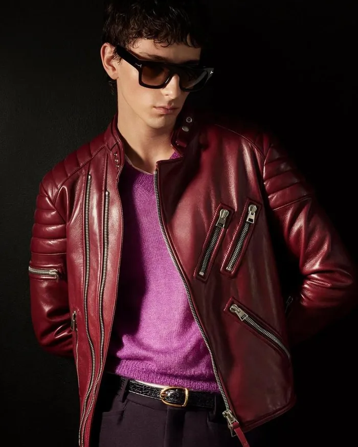 Men Outerwear Tom Ford Shiny Nappa Plonge Zip Biker Sundried Tomato
