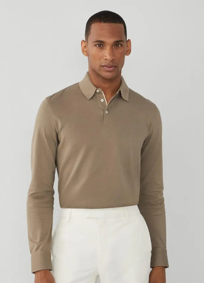 Men Polo Shirts Hackett London Classic Fit Long Sleeve Polo Shirt Taupe Beige